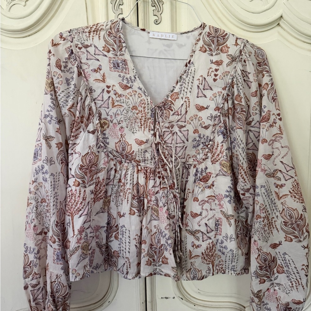 KARLIE Delicate Floral Tie-Front Peasant Blouse in Blush